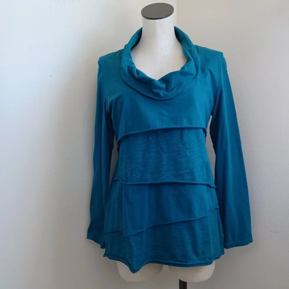 Soft Surroundings Womens‎ Teal Blue Cowl Neck Tiered Long Sleeve Top Size S
